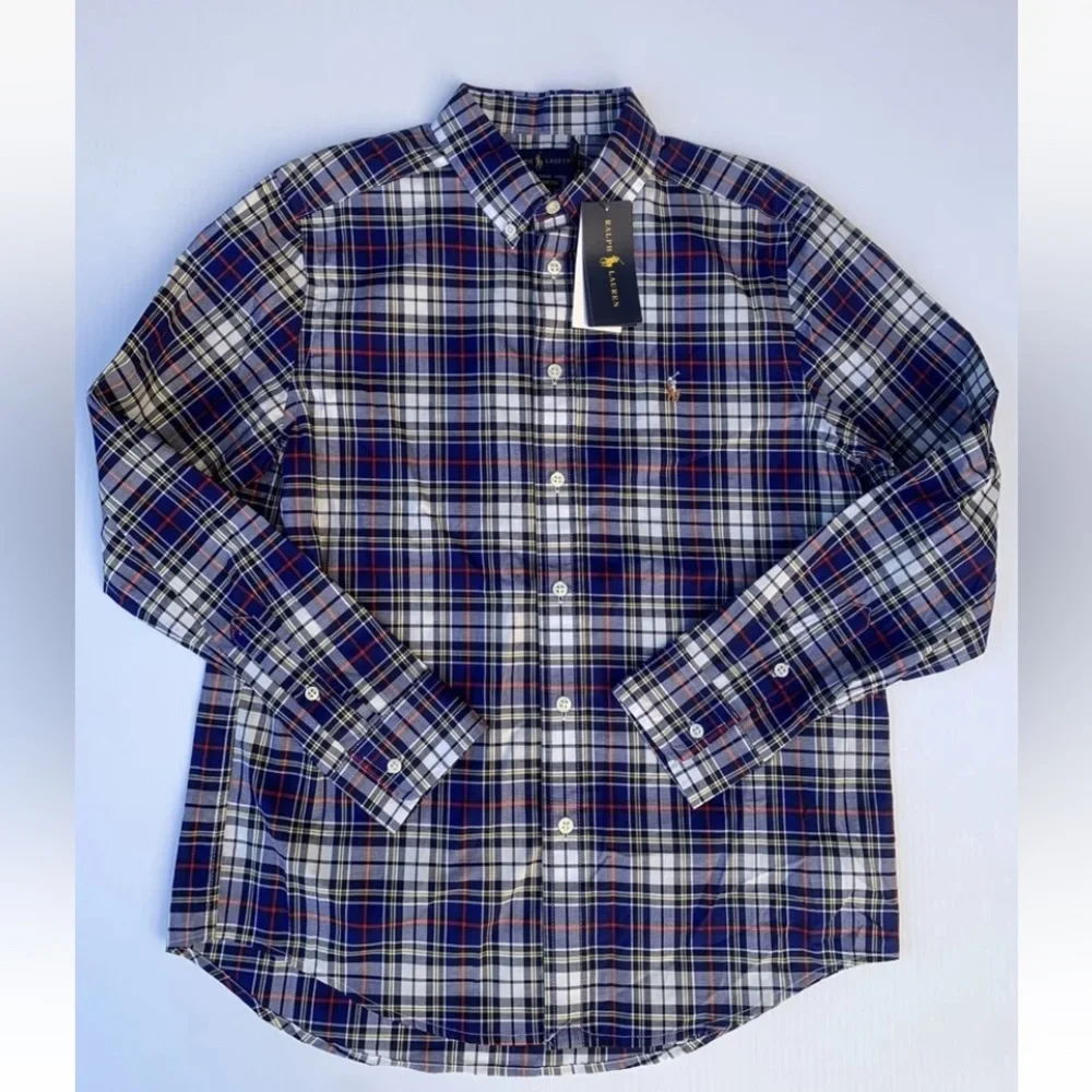 Ralph Lauren Boys Sz Large 14-16 Blue Plaid Button Down Long Sleeve Shirt